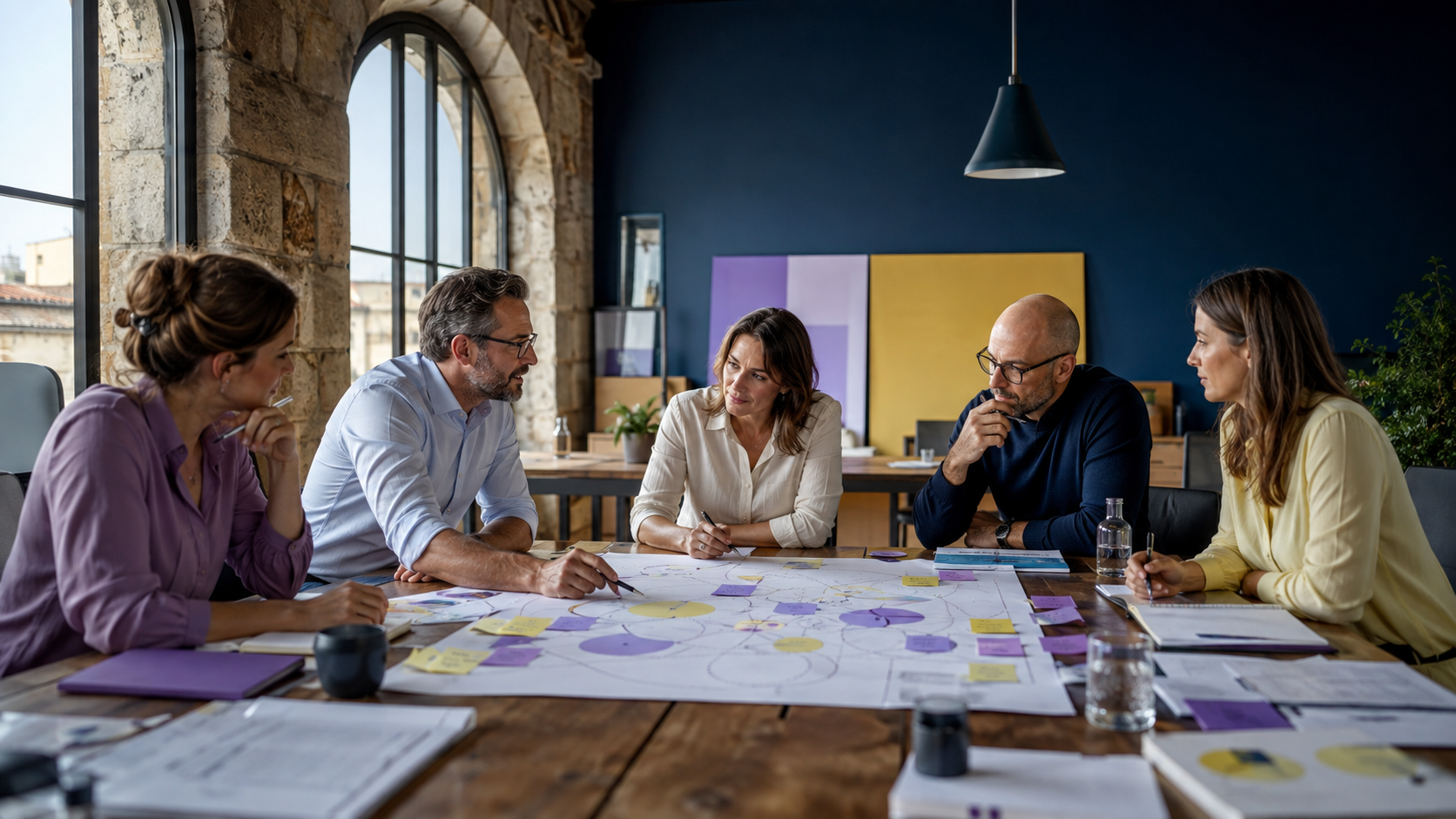 Équipe dirigeante réunie autour de scénarios de gestion